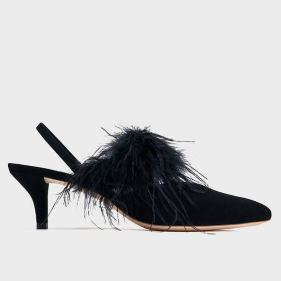 Loeffler Randall Juno slingback feather black suede kitten heel pump mules - Picture 2 of 3